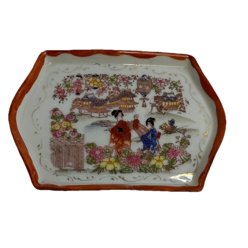 Antique Hand-Painted Japanese‎ Porcelain Geisha Scene Tray – Gold Accents